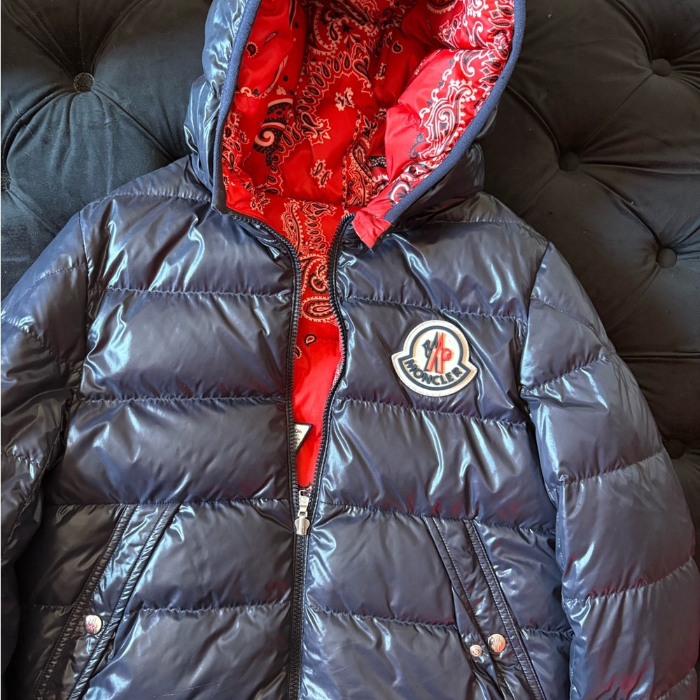Moncler Dark Blue Puffer Jacket with Red Paisley Interior